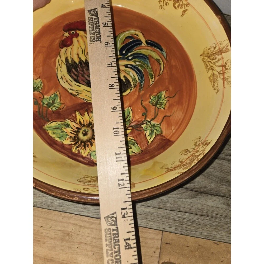 Orange Rooster Large Round Serving Bowl w/Handles Acorn/Leaf Pattern Vintage